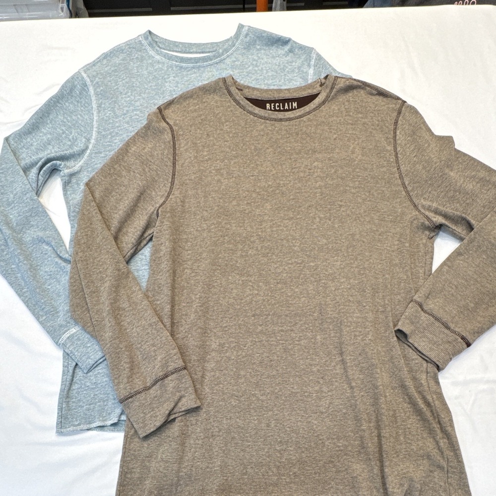 Reclaim Men's Sz XL Long Sleeve Thermal Heathered Olive/Blue 100% Cotton Lot 2